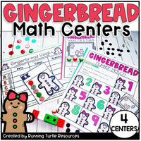 Gingerbread-themed math activity sheets with colorful numbers and graphics on a white background.
