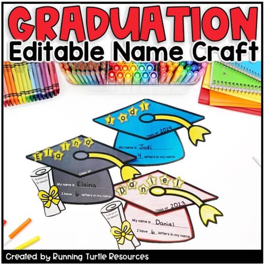 Promotional image for an editable graduation craft template set, featuring a graduation cap and gown, with editable star letters and a black/white cap template.
