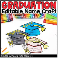 Promotional image for an editable graduation craft template set, featuring a graduation cap and gown, with editable star letters and a black/white cap template.