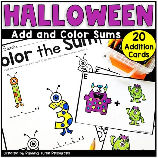 Coloring book style image showing a page with cartoonish insect characters in Halloween costumes, with the text 'Halloween Add and Color Sums' and '20 Addition Cards' indicating a educational activity related to adding numbers.
