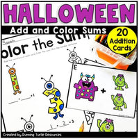 Coloring book style image showing a page with cartoonish insect characters in Halloween costumes, with the text 'Halloween Add and Color Sums' and '20 Addition Cards' indicating a educational activity related to adding numbers.
