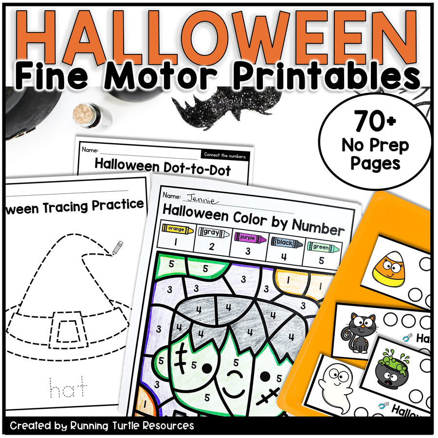 Halloween-themed fine motor printables with various activities on a black background.