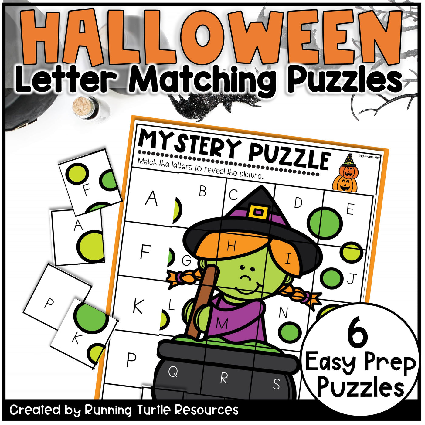 Halloween letter matching puzzles with a witch character on the cover.