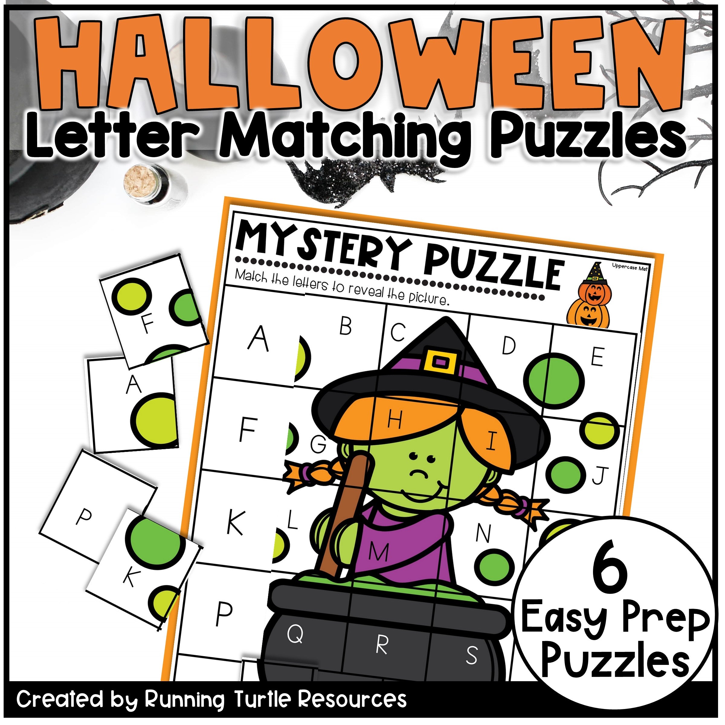 Halloween letter matching puzzles with a witch character on the cover.
