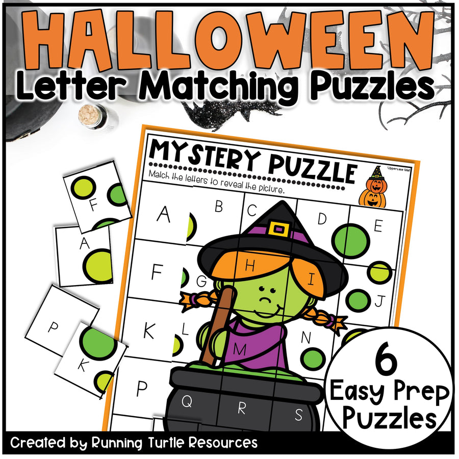 Halloween letter matching puzzles with a witch character on the cover.