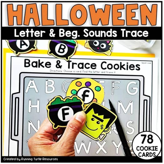 Picture of cookie tray with traceable letters and paper cookie images with uppercase, lowercase and beginning sounds.