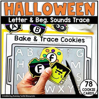 Picture of cookie tray with traceable letters and paper cookie images with uppercase, lowercase and beginning sounds.