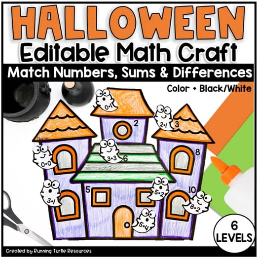 Promotional image for 'Halloween Math Craft, Number Matching, Sums and Differences within 20' featuring a colorful illustration of a haunted house with editable sections for customizing numbers and shapes, and a 'Matching Numbers' textual element.