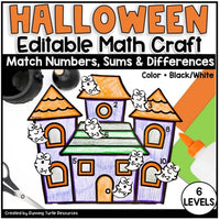 Promotional image for 'Halloween Math Craft, Number Matching, Sums and Differences within 20' featuring a colorful illustration of a haunted house with editable sections for customizing numbers and shapes, and a 'Matching Numbers' textual element.