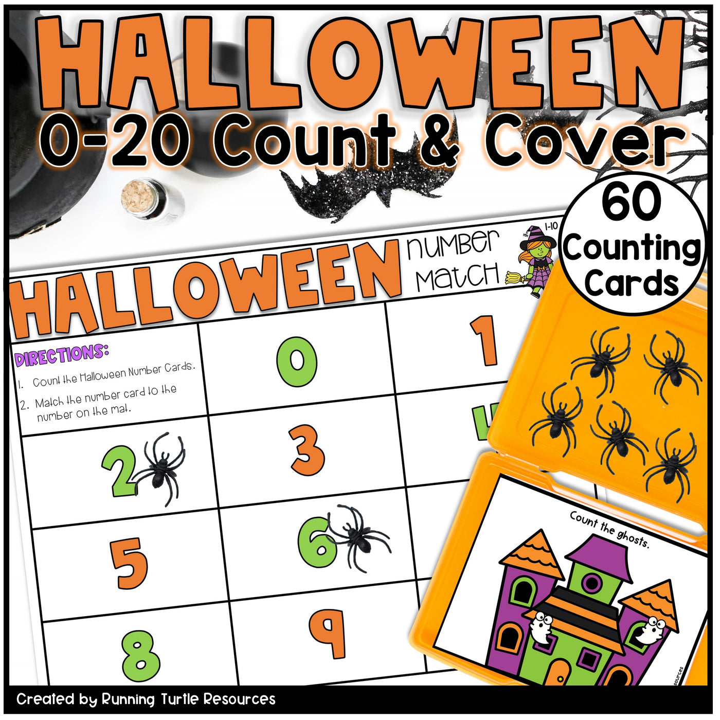 Halloween-themed counting and matching activity with spider cards and a castle card.