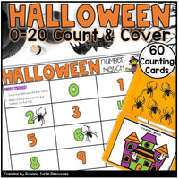 Halloween-themed counting and matching activity with spider cards and a castle card.