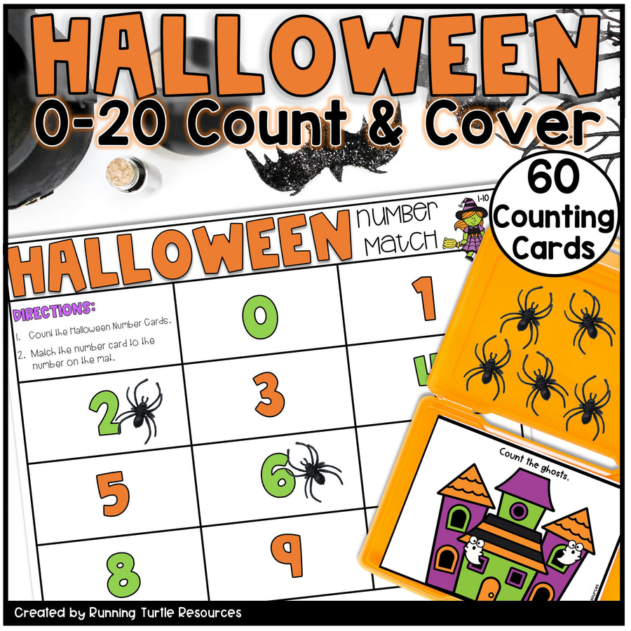 Halloween-themed counting and matching activity with spider cards and a castle card.