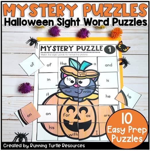 An image of a Halloween-themed mystery puzzle activity featuring a black cat wearing a hat and a pumpkin, with text indicating 'Mystery Puzzle' and '10 Easy Prep Puzzles'.