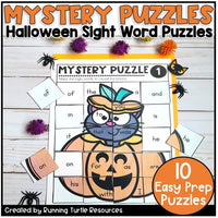 An image of a Halloween-themed mystery puzzle activity featuring a black cat wearing a hat and a pumpkin, with text indicating 'Mystery Puzzle' and '10 Easy Prep Puzzles'.