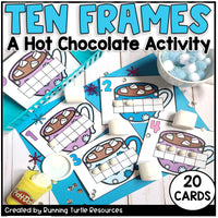 Colorful educational 'Hot Chocolate Math Ten Frames' activity cards displayed on a table with cocoa and marshmallows, indicating a winter theme.