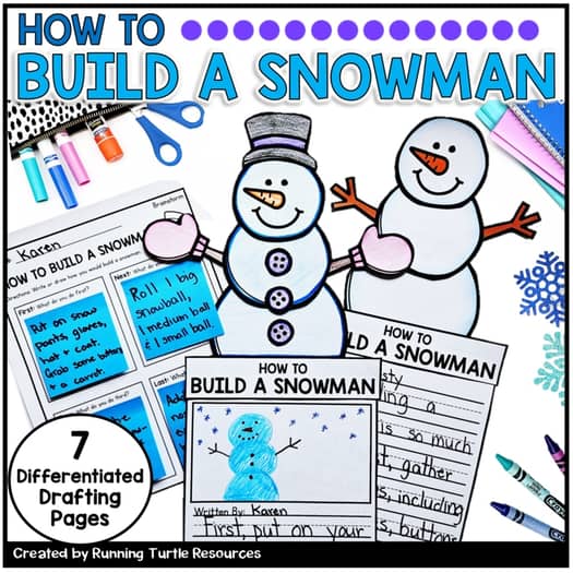 Promotional image of a writing craft with room to write and draw a picture with a writing template in the background and a snowman topper for the top of the published writing