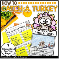 A promotional image for a 'How to Catch a Turkey' writing craft product, featuring cartoon turkey illustrations and text describing the product's use for teaching writing skills.
