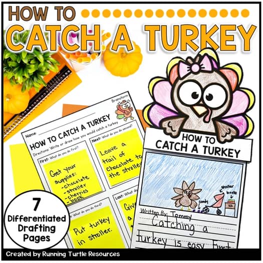 A promotional image for a 'How to Catch a Turkey' writing craft product, featuring cartoon turkey illustrations and text describing the product's use for teaching writing skills.