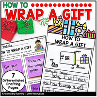 A colorful collection of Christmas-themed writing and drafting pages designed for school, titled 'How to Wrap a Gift' with various prompts and templates for young writers.