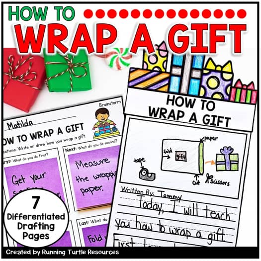A colorful collection of Christmas-themed writing and drafting pages designed for school, titled 'How to Wrap a Gift' with various prompts and templates for young writers.