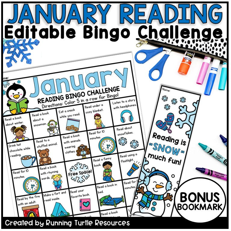 Promotional Image of a January Reading Bingo Board with words and graphics, as well as a bonus bookmark that says, "Reading is 'snow' much fun!".