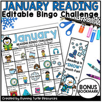 Promotional Image of a January Reading Bingo Board with words and graphics, as well as a bonus bookmark that says, "Reading is 'snow' much fun!".
