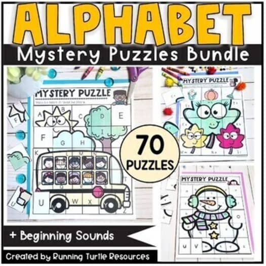 Images of cut and paste puzzles for letter matching and beginning sounds. 70 puzzles included.