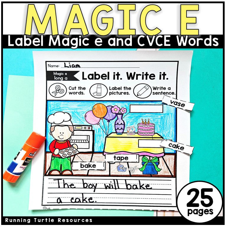 Educational worksheet for teaching magic e and CVCE words with a colorful cover and marker.