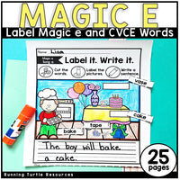 Educational worksheet for teaching magic e and CVCE words with a colorful cover and marker.