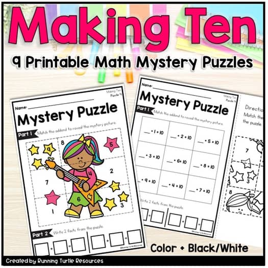 Promotional image for a set of 9 printable mystery puzzles for kindergarten, featuring colorful illustrations of a child with a guitar and various colorful elements.