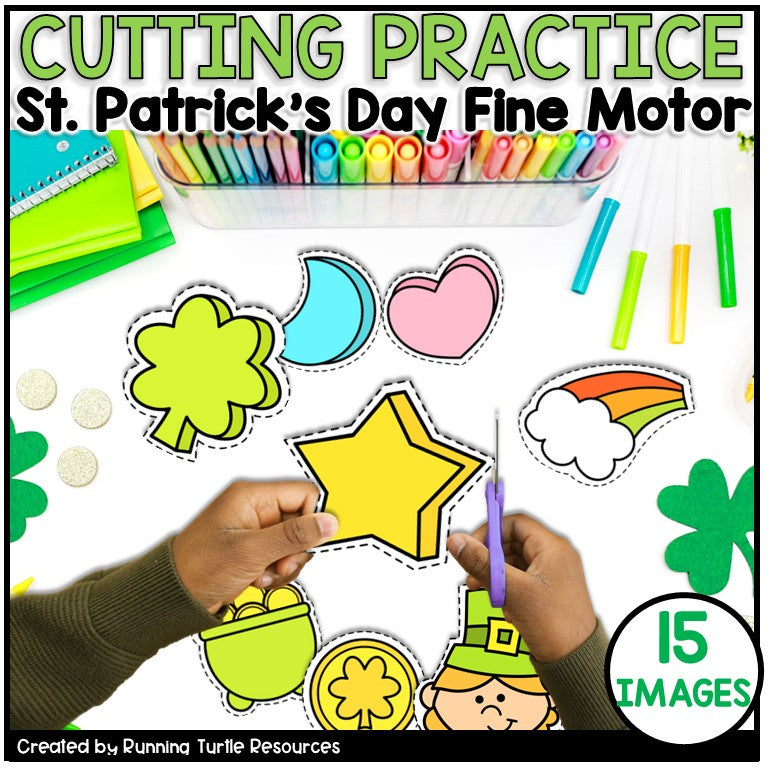 St. Patrick's Day cutting practice activity with colorful cutouts and a container of markers.