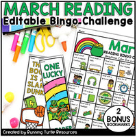 March Reading Bingo Challenge with colorful cards and supplies on a white background