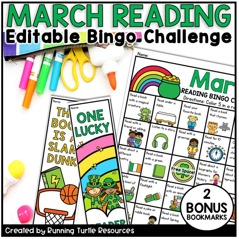 March Reading Bingo Challenge with colorful cards and supplies on a white background