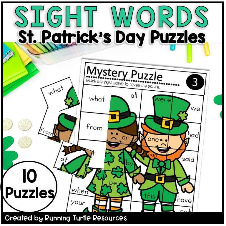 St. Patrick's Day-themed sight word puzzles with leprechaun characters and educational text.