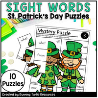 St. Patrick's Day-themed sight word puzzles with leprechaun characters and educational text.
