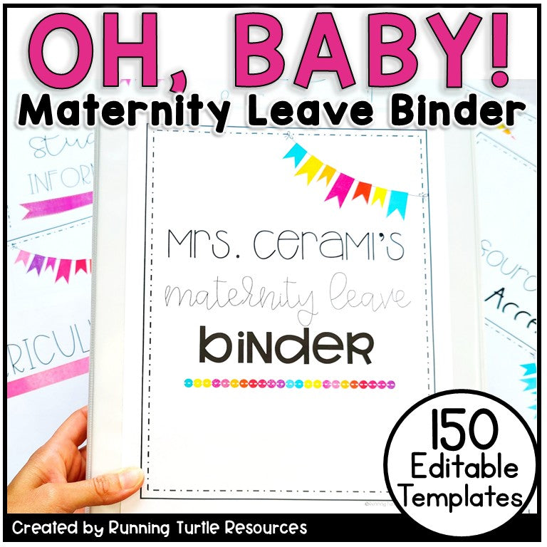 Maternity leave binder with colorful design and text, held by a hand.