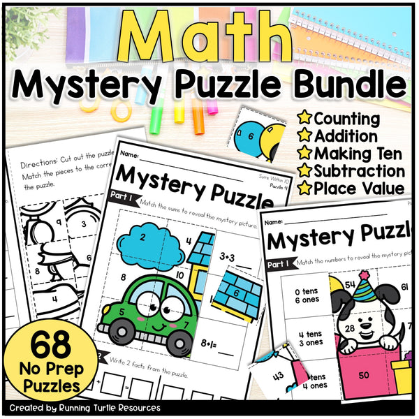 Math Mystery Puzzles for counting, basic addition, makin ten, subtraction and place value for 1st grade.