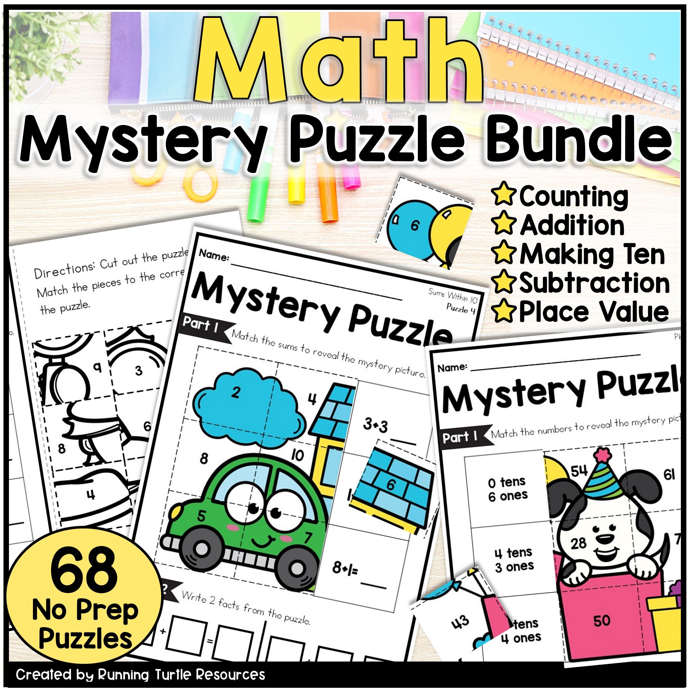 Math Mystery Puzzle Bundle with educational content on a colorful background