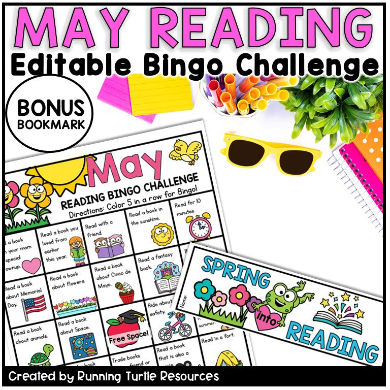 May Reading Editable Bingo Challenge with colorful elements and 'Running Turtle Resources' branding.