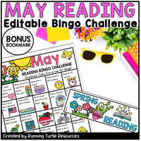 May Reading Editable Bingo Challenge with colorful elements and 'Running Turtle Resources' branding.