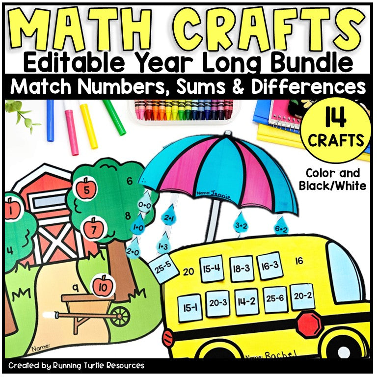 Images of school bus math craft, apple farm math craft and rain drop math craft. 14 crafts are included.