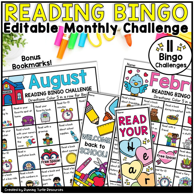 Promotional Image with colorful Reading Bingo Challenge boards with words and images, as well as sample bookmarks.