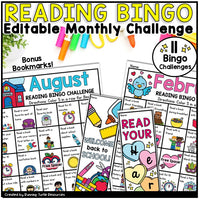 Promotional Image with colorful Reading Bingo Challenge boards with words and images, as well as sample bookmarks.
