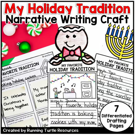 Promotional Image for December writing crafts that has space for students to write and draw. Images of a gingerbread and menorah are examples of options.