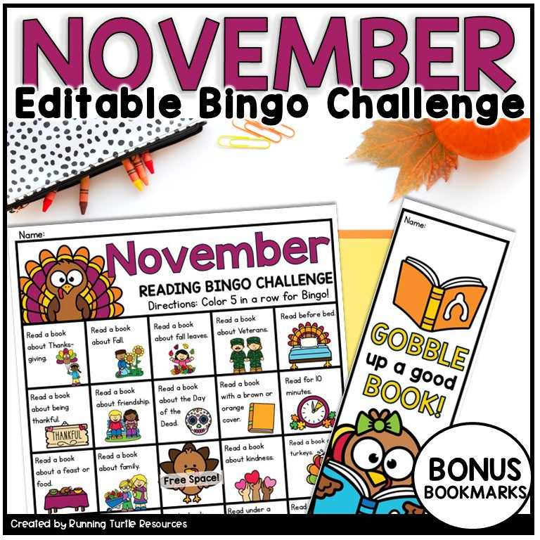 Promotional image of a November Reading Bingo Board and bookmark that says "Gobble up a good book". The bingo board has words and pictures for kindergarten and 1st grade students to easily use.