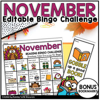 Promotional image of a November Reading Bingo Board and bookmark that says "Gobble up a good book". The bingo board has words and pictures for kindergarten and 1st grade students to easily use.