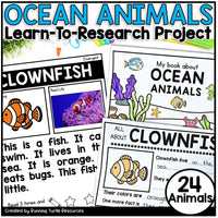 Educational materials about ocean animals, focusing on clownfish, with text and illustrations.