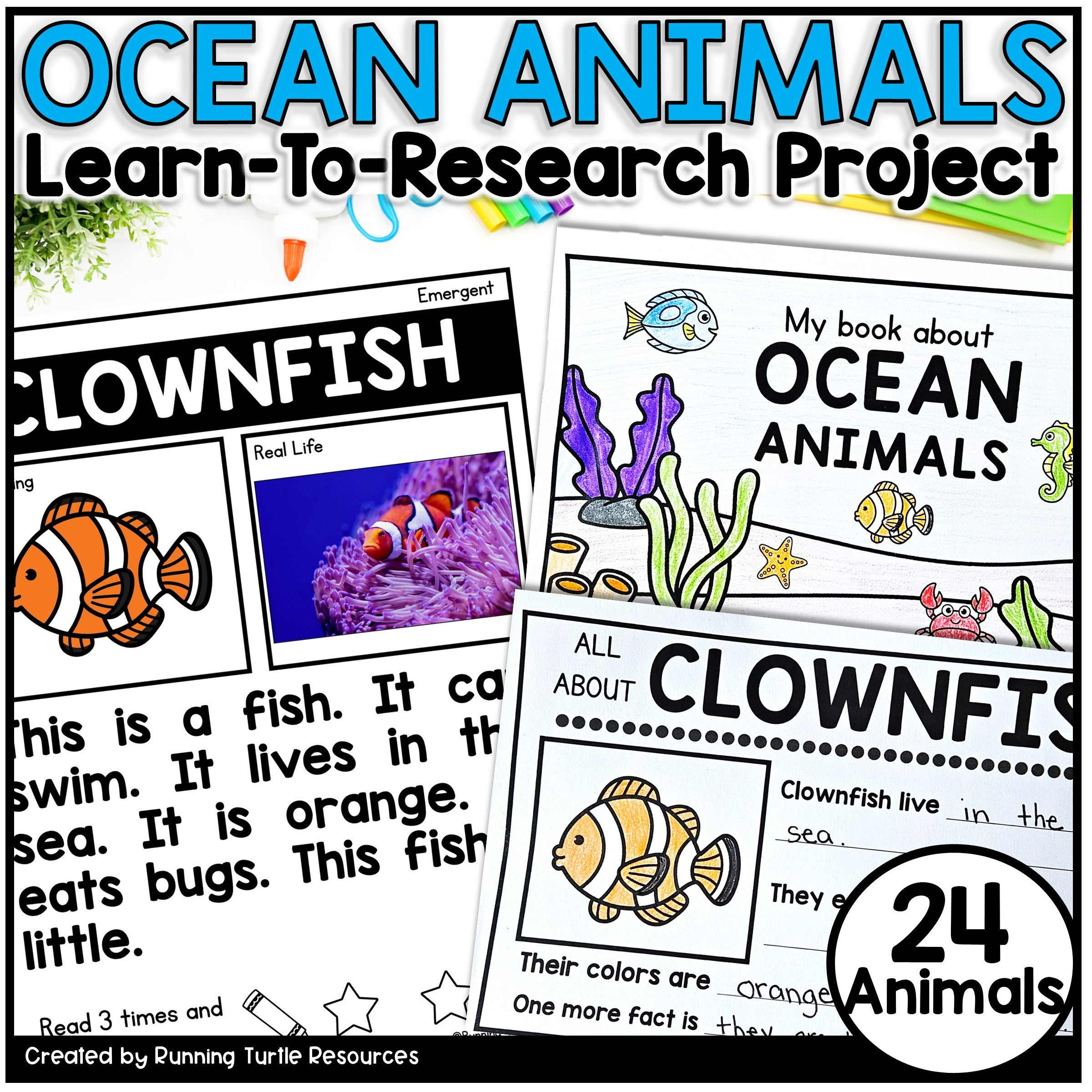 Educational materials about ocean animals, focusing on clownfish, with text and illustrations.