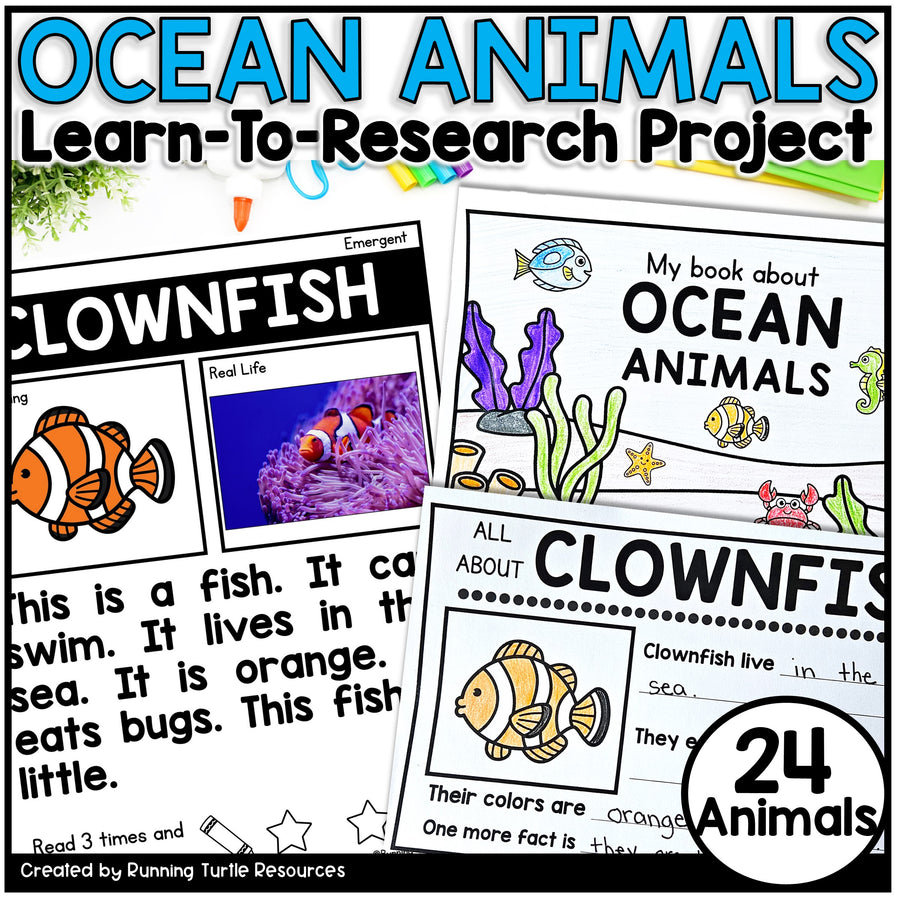 Educational materials about ocean animals, focusing on clownfish, with text and illustrations.