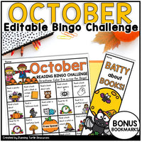 Promotional image of October Reading Bingo Challenge and a bookmark that says "Batty about Books".